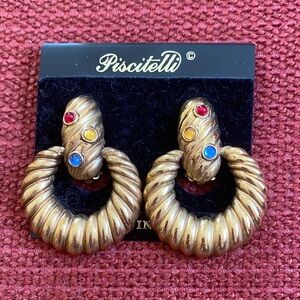Vintage Piscitelli Gold-Tone Hoop clip Earrings with Multicolor Stones
